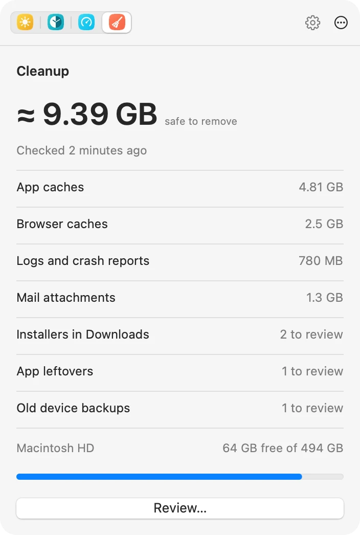 The Cleanup panel: about 9.39 GB safe to remove, split by category