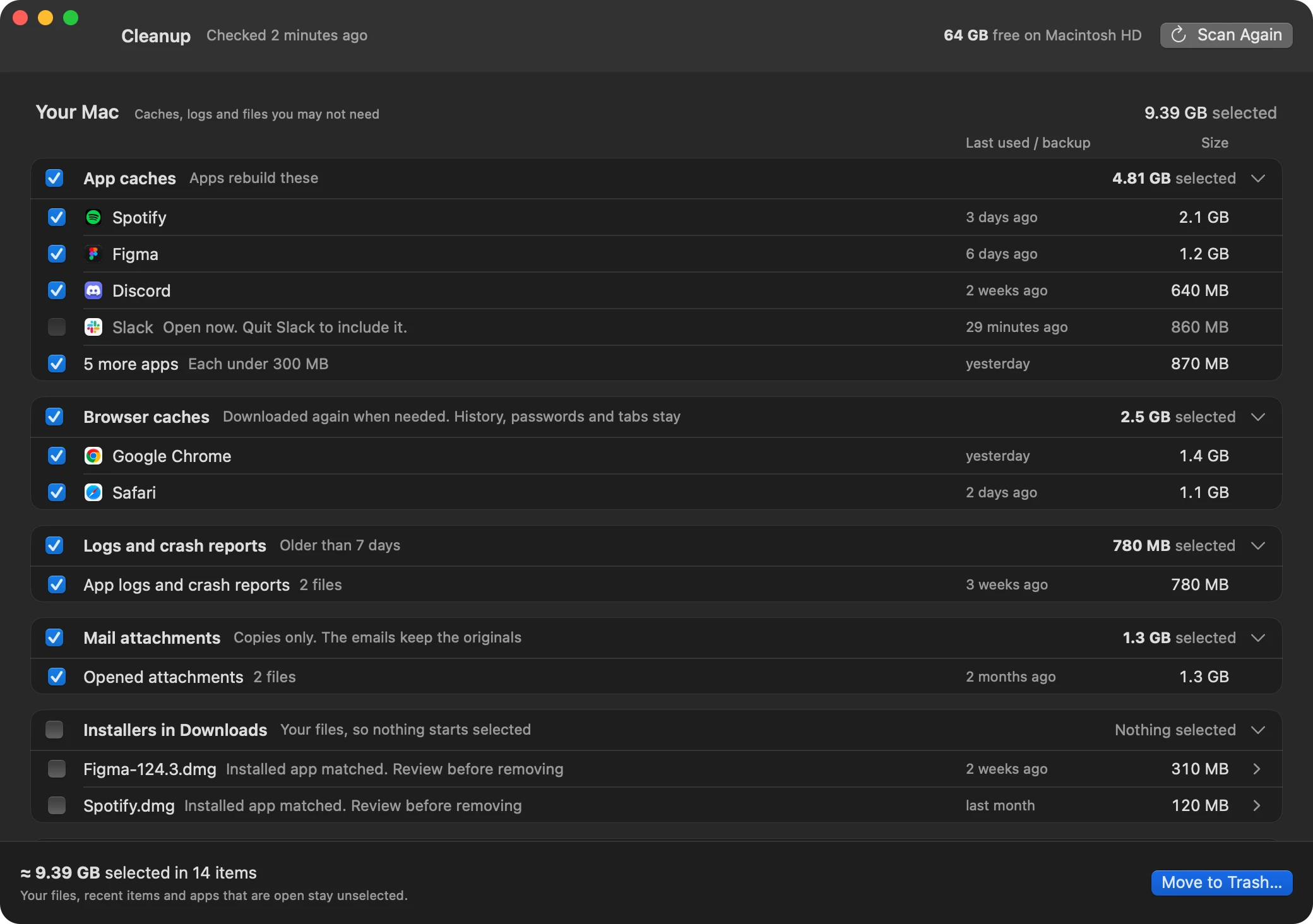 The Cleanup review window listing each item with its size and when it was last used
