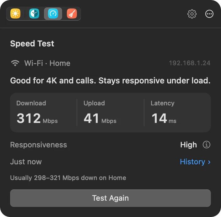 The Speed Test panel: good for 4K and calls, 312 Mbps down and 41 Mbps up