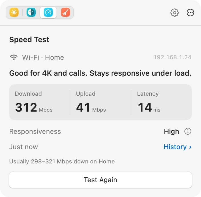 The Speed Test panel: good for 4K and calls, 312 Mbps down and 41 Mbps up