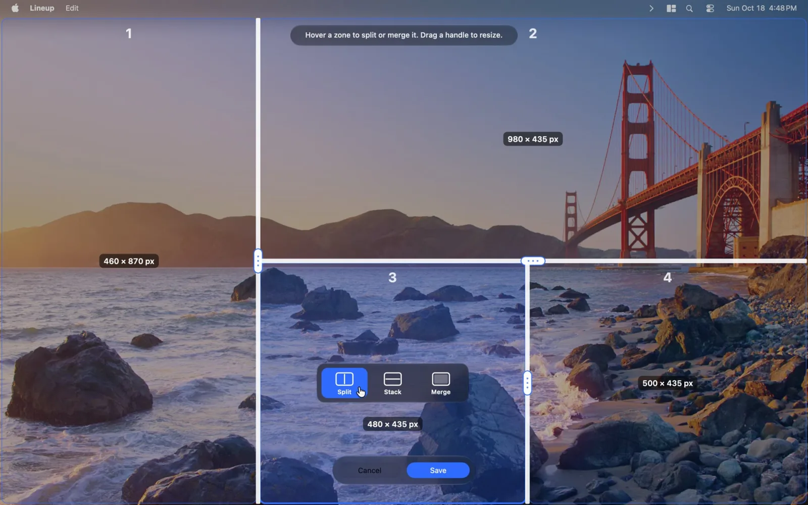 The layout editor splitting a display into four zones